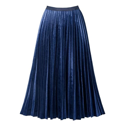 GOOBGS Women's Pleated A-Line High Waist Swing Flare Midi Skirt Velvet Navy Large/X-Large