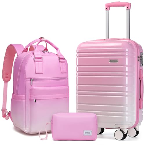 Image of LARVENDER Carry on Luggage 22x14x9 Airline Approved Hardshell Suitcase with Wheels TSA Lock, PC+ABS Lightweight Suitcase Set for Women with Travel Backpack, Peach Sparkling, 3 Piece Set