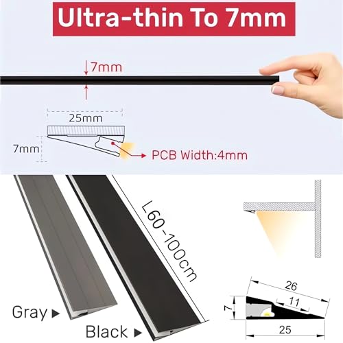 Image of JARBIH 5Pack 1M /3.3ft Ultra-Thin Led Aluminum Profile, 45 Oblique Lighting Cabinet LED Lamp, Invisible H7mm Surface Mounted Wardrobe Layer Shelf Panel Hard Bar Strip Light Channel System(Gray)