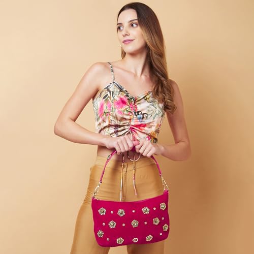 Image of Caprese Sapphire Small Hobo Bag for Women | Embroidery Velvet Sling Bag with Decorative Metal Flowers & Detachable Chain | Ideal for Festive Occasions