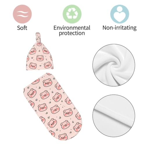 Image of Cute Pig Baby Stuff Swaddle Blanket with Hat, Newborn Receiving Blanket Set