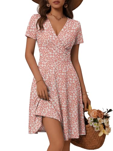 Image of MSBASIC Womens Summer Wrap V Neck Casual Dresses Floral Short Sleeve A-Line Midi Sundress
