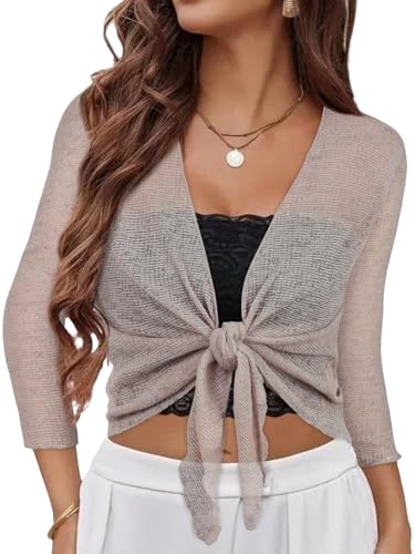 Image of Women Crop Cardigan Sheer Mesh Bolero Shrug for Dress Tie Front 3 /4 Sleeve Tops