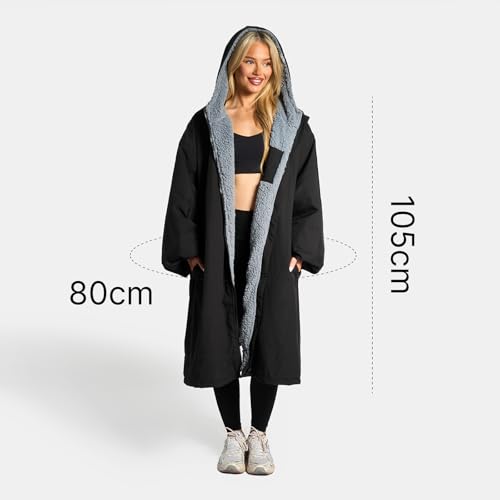 Ohs Changing Rain Coat For Adults, Lightweight Breathable Waterproof Jacket For Swimming Surfing Packable Windbreaker Drying Robe With Pockets Active Outdoor Travel Jacket - Black - 8