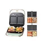 SOLEMOOD ホットサンドメーカー 耳まで焼ける 電気 ワッフルメーカー 着脱式 コンパクト マルチサンドイッチ 厚焼 ダブル 両面 プレート２種類 ホットサンドマシン ワッフルプレート付き 丸洗い お手入れ簡単 新生活 家族 ポータブル (エメラルド)