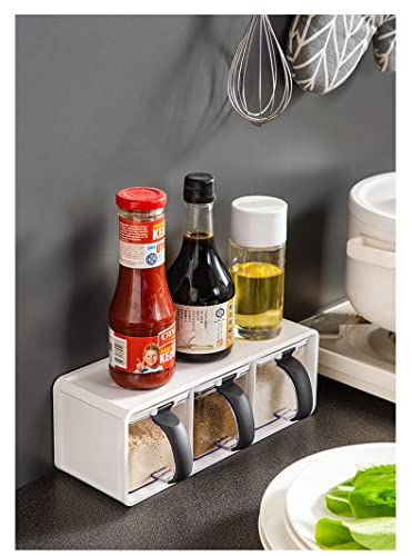 Image of 3pcs Storage Spices Jar Plastic 3 in 1 Spice Jar with Rack Box Serving Set with Cover and Spoon, seasoning Storage Spice Rack Set with Removable Jars for Salt Sugar Spices (randomly color)