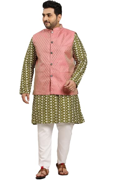 Image of sojanya Men's Silk Blend Regular Fit (Since 1958) Dark Embroidered Kurta & Self Design Nehru Jacket With Churidar Set