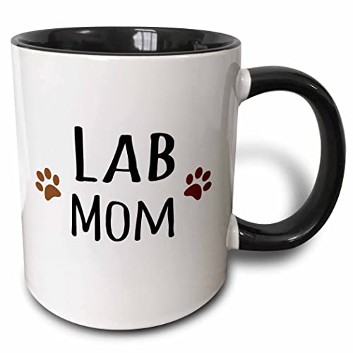 3dRose (mug_154148_4) Lab Dog Mom - Labrador - Doggie by breed - brown muddy paw prints - doggy lover pet owner mama love - Two Tone Black Mug, 11oz