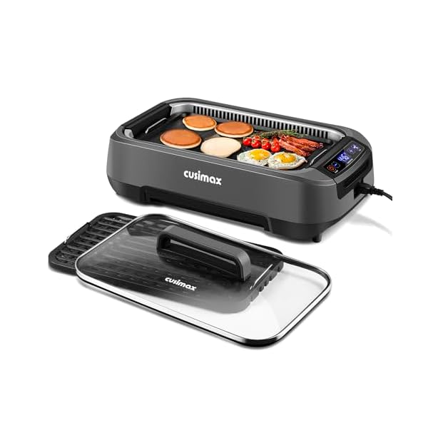 CUSIMAX Smokeless Grill, Electric Indoor Grill, 1500W Korean BBQ Grill with Non-stick Removable Grill/Griddle Plate, LED Smart Display & Tempered Glass Lid, Grey
