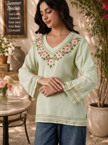 Image of QAZMI Women's Floral Aari Embroidered Viscose Rayon V-Neck Full Sleeves Short Kurti