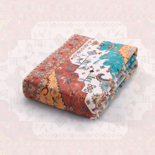 SERISSA Boho 8x10 Area Rugs Orange, Washable Vintage Large Living Room Rug Non-Slip, Ultra Soft Oriental Print Distressed Farmhouse Carpet for Dining Room Bedroom Dorm Office Home Decor
