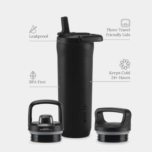 Image of ZULU Base 18oz Kids Stainless Steel Water Bottle with 3 Lids- Straw, Chug, Twist | Double Walled and Vacuum Insulated Metal Thermos | Fits Car Cupholder, Built in Carry Loop, Dishwasher Safe, Black