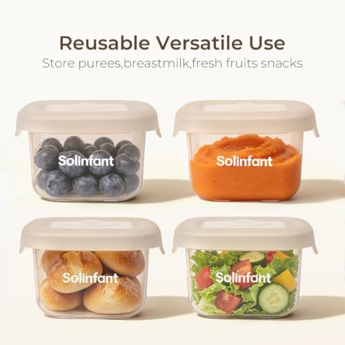 Solinfant Elite 4 Pack Silicone Baby Food Containers, Food Storage Jars with Airtight Lids, Reusable, Freezer, Microwave and Dishwasher Safe, 100% Food Grade Silicone, 5oz/150ml