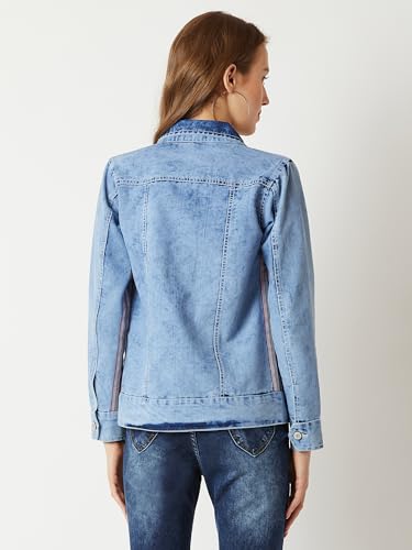 Image of Miss Chase Women's Polo Neck Full Sleeves Patch Pocket Denim Overcoat Knee-Length Jacket
