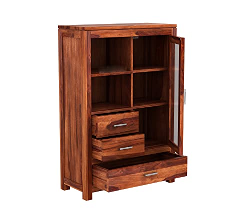 Image of Krishna Wood Decor Wood Book Shelf for Home Library|Wooden Bookshelf Cabinet with Acrylic Glass Door Drawer Storage|Home Kitchen Furniture| Crockery Cabinet|Books Rack for Shelves|Bookcases,Honey