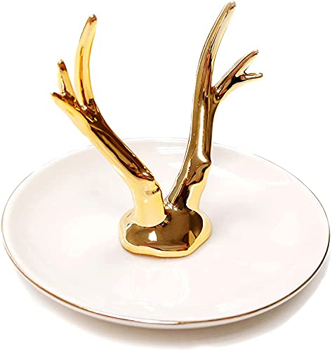 RRMMAN glasierte Keramikringschale, Royal Gold Antler Deer Ringhalterschale, Schmuckschale, Ringhalter für Schmuck, Ringe, Ohrringe und Halsketten (Goldenes Geweih) Cover
