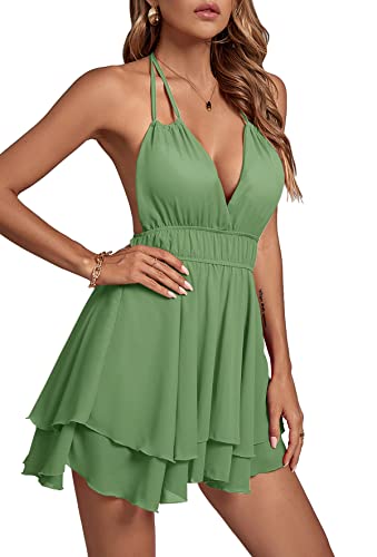 Image of LYANER Women's Halter Deep V Neck Backless Ruffle Sleeveless Sexy Skater Mini Dress Pea Green Medium