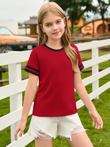 Image of Haloumoning Girls Short Sleeve T Shirts Kids Summer Crewneck Color Block Tops Fashion Tees 5-14 Years