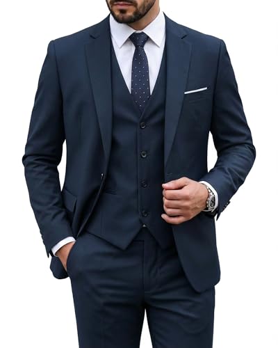 Image of MY'S Men's 3 Piece Suit Set with Tie, One Button Slim Fit Solid Jacket Vest Pants, Prom Party Wedding Business Suits for Men