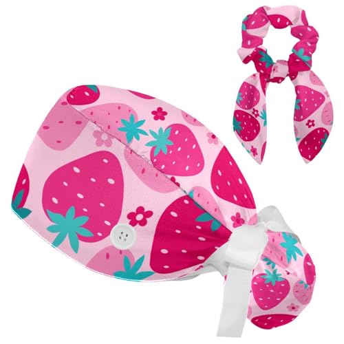 otnrnondcl Flowers Strawberry Breathable Working Cap with Button, Bow Hair Scrunchy, One Size Fits All for Woman