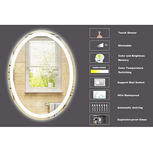 M Ltmirror 23.6" X 31.5" Led Lighted Oval Bathroom Vanity Makeup Mirrors With Detachable Magnifier, Wall Mounted Anti-Fog Dimmable 3 Light Settings Smart Frameless Touch Button #TOP2