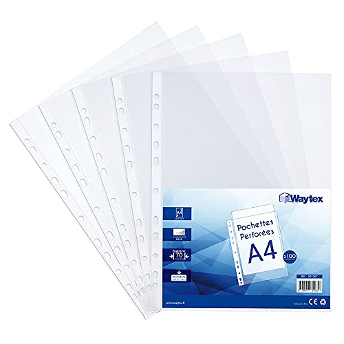 Waytex 931307 A4 Smooth Clear Punched Pockets 70 Microns - Pack of 100, Lisses Medium - 100