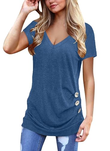 Aokosor Plus Size Clothing for Women Summer Tops V Neck Ladies T Shirts Short Sleeve Tees Side ButtonMidnight Blue Size 26-28