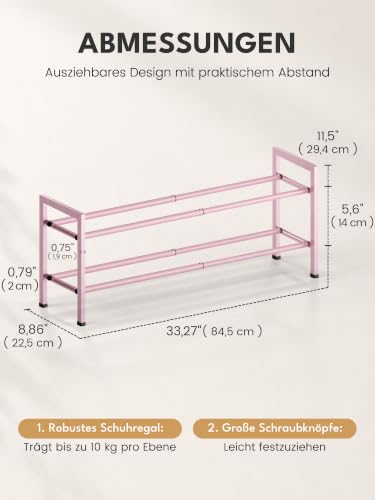 Image of Bumusty 2-Tier Expandable Shoe Rack for Closet, 18 inch-33 inch Adjustable Shoe Rack for Small Space, Small Shoe Organizer for Front Door, Sturdy Metal, Pink