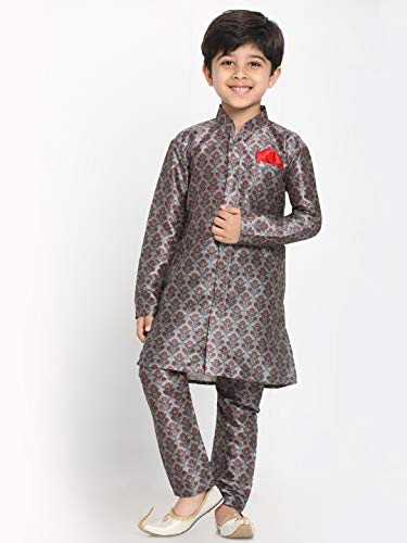 Image of JBN Creation Boys' Multicolor-Base-Yellow Silk Blend Kurta and Pyjama Set