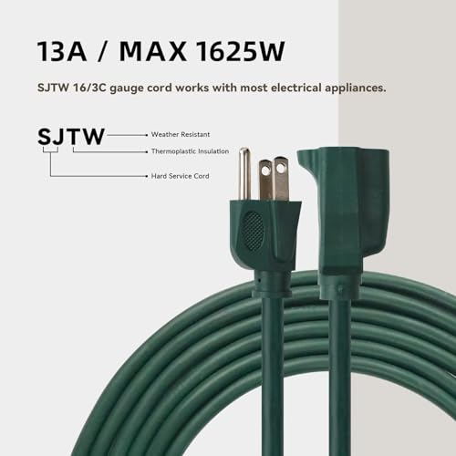 Image of 12ft Outdoor Extension Cord for Christmas Decorations- 16 /3 Heavy Duty SJTW Waterproof Green Electrical Cable with 3 Prong Grounded Plug for Safety, Great for Lawn and Major Appliances