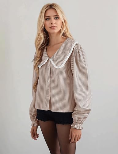 MISSACTIVER Womens Striped Button Down Shirts Long Sleeve V Neck Babydoll Tops Cute Flowy Peter Pan Collar Blouse2