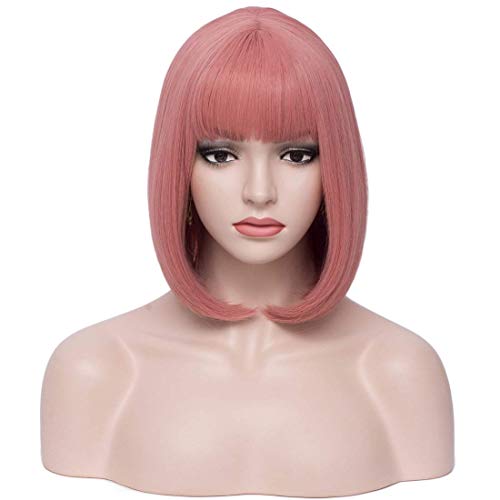 Iciwueen Short Bob Pink Hair Wigs 12" Straight with Flat Bangs Synthetic Colorful Cosplay Daily Party Wig for Women with Wig Cap