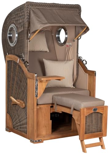 MR. DEKO Exklusiver Strandkorb-Einsitzer | Düne Single Volllieger Korb | Teak-Vollholz | PE-Rundgeflecht Grey | Maritimes Bullauge-Design | Dessin 534 (Uni Braun) | Premium Strandkörbe