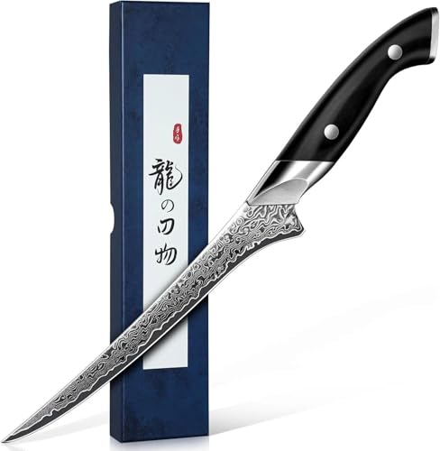 DRAGON RIOT Filetiermesser Fisch - Profi Fischmesser, Scharf Damastmesser mit Ergonomischer Griff, Japanisches Ausbeinmesser mit Flexibler Klinge, Damaststahl Filetiermesser