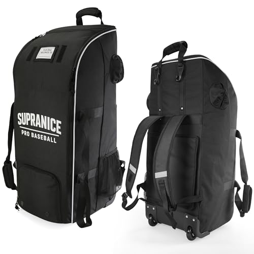 SUPRANICE Catchers Gear Bag with Wheels Large Rolling Baseball Equipment Bag for Helmet Bats Cleats Durable Polyester for Youth and Adults Black