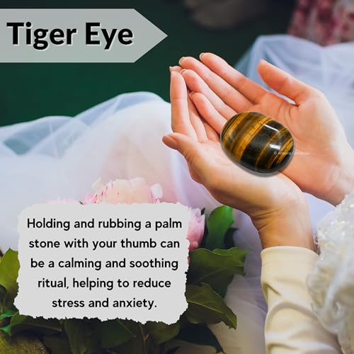 Image of Amazing Gemstone Tiger Eye Crystals and Healing Stones - Large Palm Stone Crystals Piedra - Crystal for Good Luck, Balanced Positive Energy, Meditation - Unique Stocking Stuffers Gifts for Women, Men