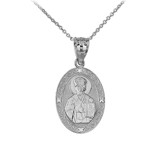 Solid 925 Sterling Silver Catholic Patron Saint St. Nicholas CZ Oval Medal Pendant Necklace