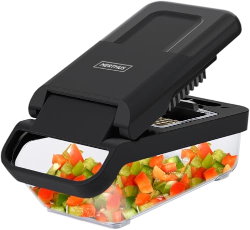 NERTHUS FIH 1483 Picadora manual horizontal BPA Free, con 2 cuchillas intercambiables, base antideslizante, recipiente incorporado y herramienta de limpieza