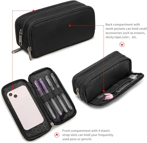 Image of Della Gao Large Capacity Pencil Case, Aesthetic Pencil Pouch with 3 Compartments Nylon Storage Pen Bag Office Stationery Organizer for Women and Men(01-3BK)