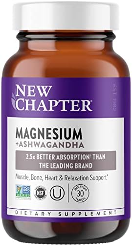 Magnesium, New Chapter Magnesium + Ashwagandha Supplement, 2.5X Absorption, Muscle Recovery, Heart & Bone Health, Calm & Relaxation, Gluten Free, Non-GMO - 30 ct