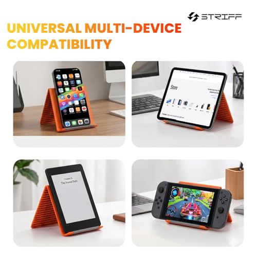 Image of STRIFF Dynom Foldable Mobile & Tablet Stand for Desk, Adjustable Multi-Angle Phone Holder with Hanging Screen Clip, Portable Anti-Slip Silicone Aluminum Stand for Smartphones, Tablets & Laptops-Orange