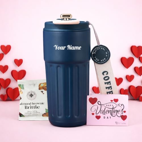Image of Giftana Personalized Valentines Gift Set - Coffee Tumbler with Temperature Display, Brownie Brittle & Valentines Day Card - Valentine Gift for Girlfriend Boyfriend, Travel Mug 420ml - Blue