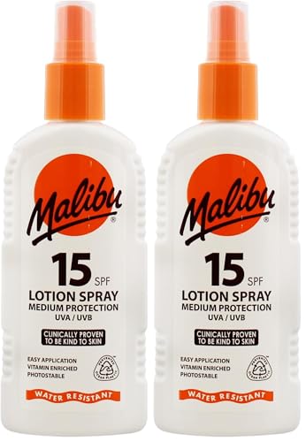 Malibu Sun SPF 15 Lotion Spray, Medium Protection Sun Cream, Water Resistant, Vitamin Enriched, 200ml (Pack of 2)