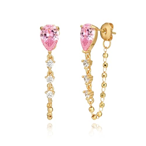 GNIRTSI 14K Gold Plated Dangle Earrings for Women, Hypoallergenic Long Chain Drop Earrings, Dainty CZ Teardrop Earrings, Trendy Elegant Wedding Jewelry Gifts for Women