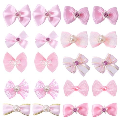 20 PCS Cute Dog Hair Bows with Rubber Bands Elastic Handmade Mix Style Lace Rhinestone Pearls for Furry Puppy Cat Pet Girl, Pink - Image 8