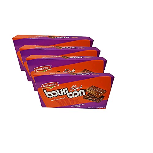 Image of Britannia Bourbon Biscuits 390g (Pack of 4) – Snack Biscuits – Filling of Chocolate Butter Cream – Sugar Sprinkled - Cracker Cookies Tea Time Snacks for Kids & Family