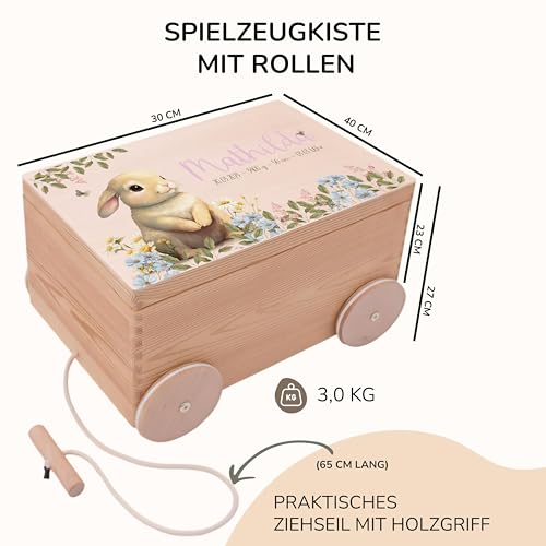 Kidsmood - Spielzeugwagen, personalisiert mit Namen – Spielzeugkiste zum Ziehen, Holzkiste mit Deckel, Aufbewahrungsbox für Baby Spielzeuge, Tolle Erinnerungskiste Baby, Geschenk zur Geburt & Taufe