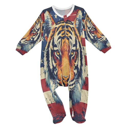 Dussdil Us Flag Tiger Baby One-Piece Footies Newborn Rompers Pajamas Cotton Footed Pjs for Sleep Play Boys Girls 18M
