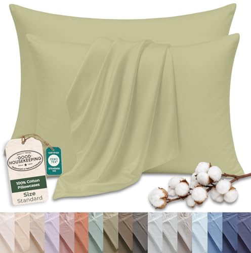 Image of Royale Linens 100% Cotton Pillow Cases Standard Size Set of 2 - Percale Pillowcase - Green Pillow Cases Soft Cooling & Breathable Hotel Cotton Pillowcases, Fits Standard Pillows (20 inchx26 inch, Sage Green)