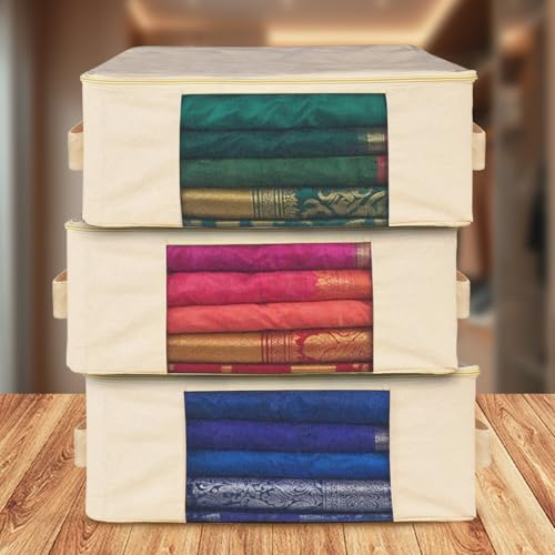 Image of SITTELLA Pack of 3 Cotton Canvas Saree Covers with Zip | 17 x 14 x 7 Inch Clothes Storage Bags for Sarees, Dresses & Lehengas | Wardrobe Organizer (Beige)